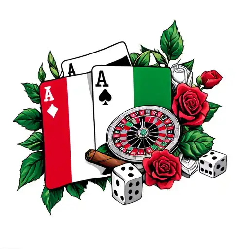 italian flag, italy, roses, dice, face cards, roulette wheel, cigar tattoo design idea