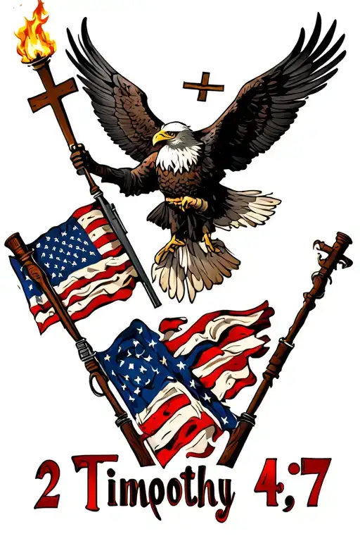 "2 Timothy 4:7" American & Confederate flag both on fire muzzleloader poles, bald eagle above holding torch and cross tattoo design idea