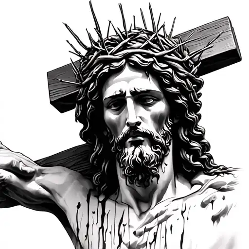 3d, Jesus on the cross, thorn crown on his head, bleeding head, painful, sorrowful, AND VERY COLORFUL. tattoo design idea