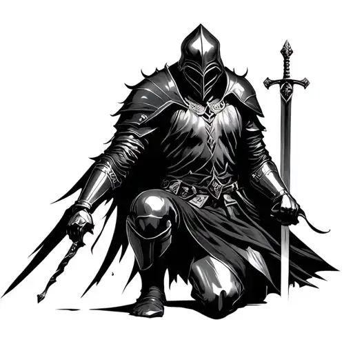 A dark gothic blackwork knight kneeling on the lower right back, resting on his sword. tattoo design idea