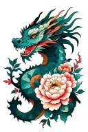 rosemaling dragon with peonies tattoo design idea