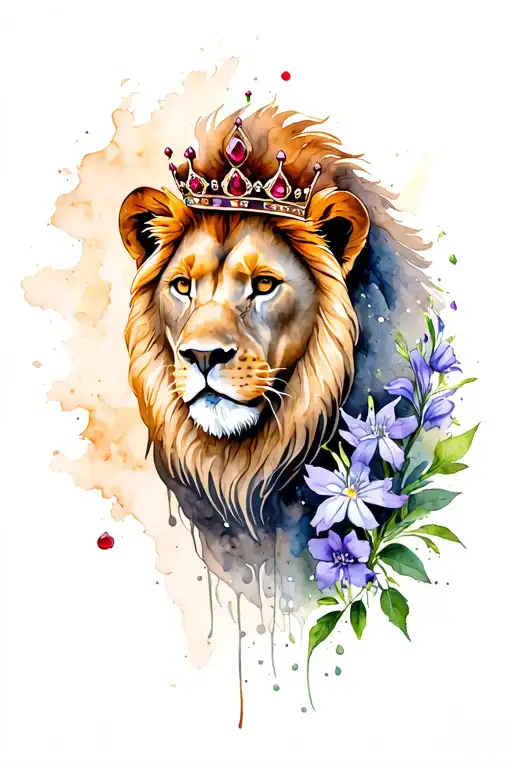 lion with ruby crown and larkspur flower blooming tattoo design idea