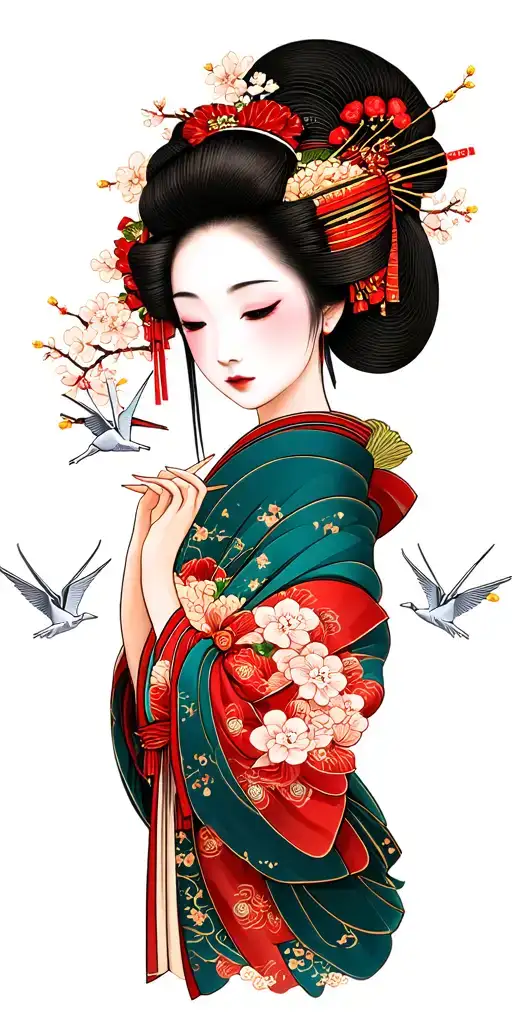 geisha, paper cranes, cherry blossoms tattoo design idea