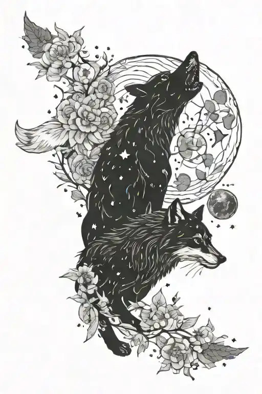 skoll and hati chasing the sun and moon with dark florals and stars as space fillera tattoo design idea