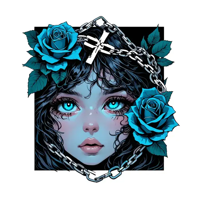 "I Remember Your Eyes." Unrequited love that became mutual. Elements: chains, winds rose, roses, light-blue eye female, cross tattoo design idea
