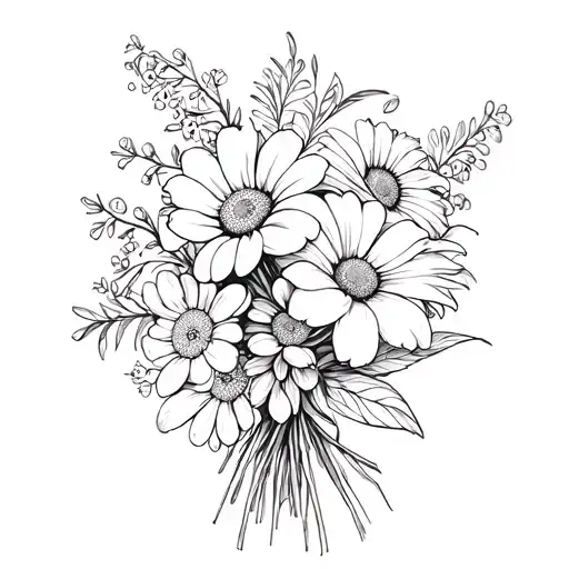 a 2d, black and white bouquet of flowers with only the following flowers: daisy, lily of the valley, peonies, and narci tattoo design idea