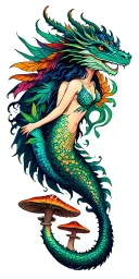 psychedelic mythological creatures dragon fairy Phoenix mermaid with mushrooms Forest tattoo design idea