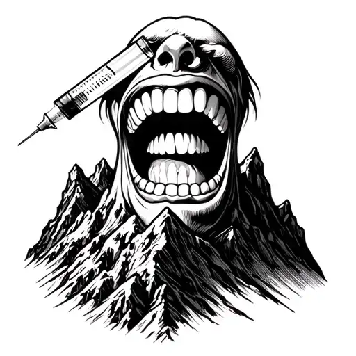 dentist at the top of the mountains of teeth with a carpal syringe tattoo design idea