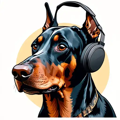 aggressive Doberman pinscher dog wearing headphones tattoo design idea
