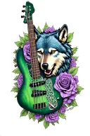 bass guitar: body = green celtic heart, neck is entwined by purple roses, headstock = a realistic wolf head. Transitions tattoo design idea