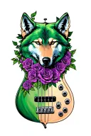 bass guitar: body = green celtic heart, neck is entwined by purple roses, headstock = a realistic wolf head. Transitions tattoo design idea