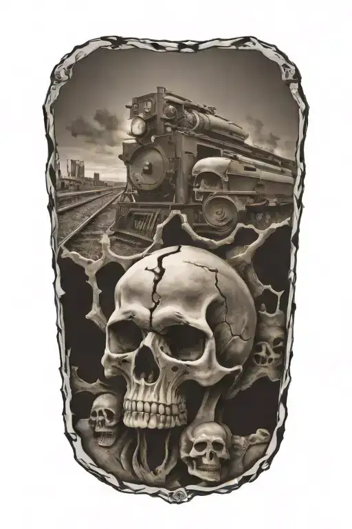 railroad train tracks going into the distance with evil skulls and harley davidson engine parts tattoo design idea