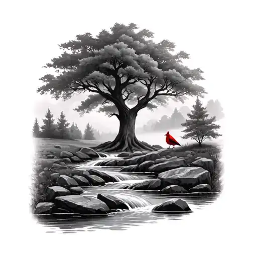 A realistic stream with rocks and stone leading up to an oak tree with a cardinal in it tattoo design idea