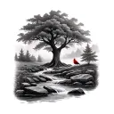 A realistic stream with rocks and stone leading up to an oak tree with a cardinal in it tattoo design idea