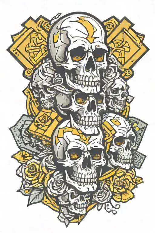 skulls, money, gold bars and diamonds tattoo design idea