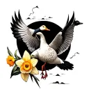 broken vase daffodil with goose flying over a field tattoo design idea