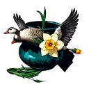 broken vase daffodil with goose flying over a field tattoo design idea