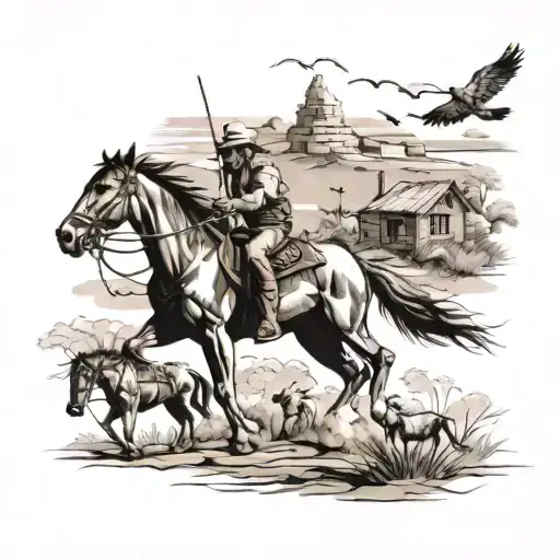 Indian village with horses running around, birds flying and a cowboy tattoo design idea