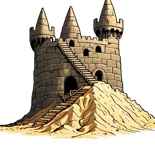 cartoon sand castle being built with stairs on a pile of sand tattoo design idea
