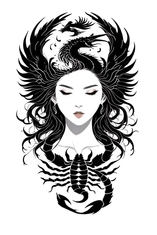 silouette of a woman’s face serene and powerful with pheonix and dragon. A scorpion is crawling and shaping her breast tattoo design idea