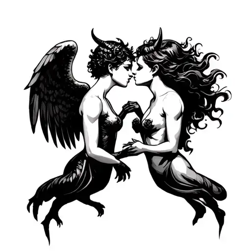 angel and devil kissing holding eachotber tattoo design idea