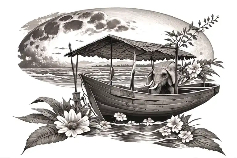 boat, ocean, moon, liberia, flowers, elephant, tombstone, hut tattoo design idea