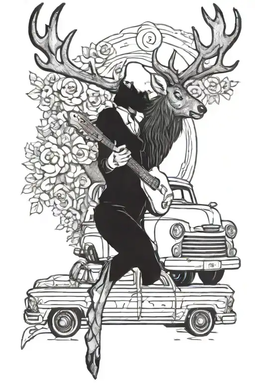 A blackwork tattoo of a majestic stag with a guitar strapped on its back, standing in front of a vintage 1952 red GMC pickup truck tattoo design idea