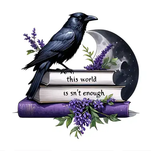 stack book tattoo design, with lavendar, raven, half moon,  and quote "this world isn't enough" tattoo design idea