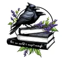 stack book tattoo design, with lavendar, raven, half moon,  and quote "this world isn't enough" tattoo design idea