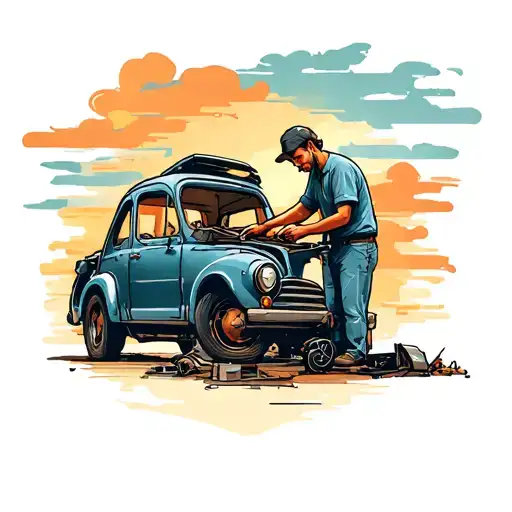 father and son repair a car together symbolizing tattoo design idea