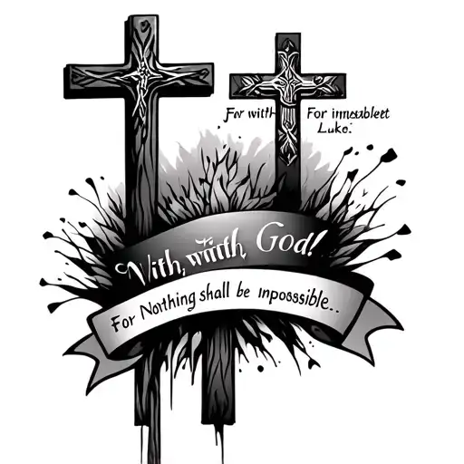 Make me a tattoo design with crosses, the bible verse Luke 1:37 “For with God, Nothing shall be impossible.” and the nam tattoo design idea