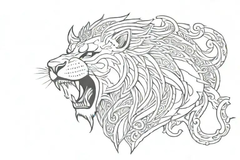 polynesian style with lion wearing manta crown with two hammer head shark below tattoo design idea