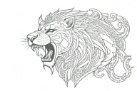 polynesian style with lion wearing manta crown with two hammer head shark below tattoo design idea