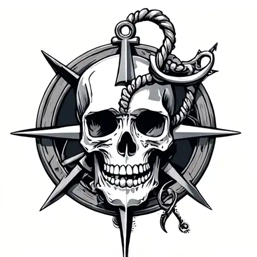 anchor compass and skull  tattoo design idea