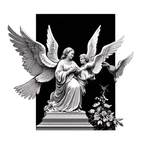 memorial to grandmother surrounded by angels flying tattoo design idea