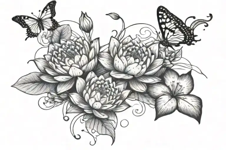 1 water lily between 2 roses with butterflies fluttering tattoo design idea