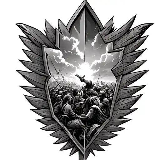 Design me an arrowhead with a battle scene inside the arrow as a symbolism of my dads fight with cancer tattoo design idea