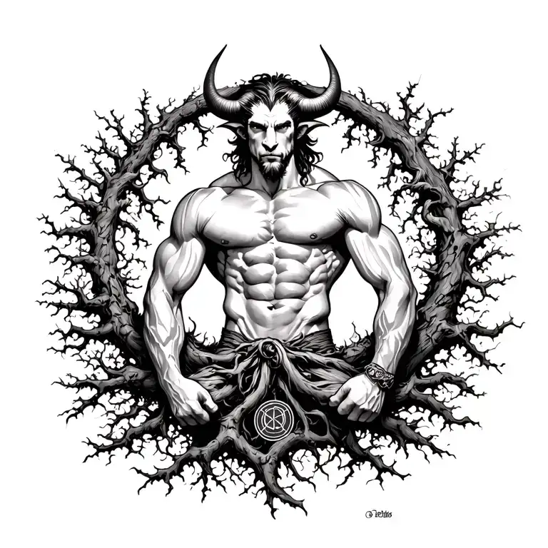 Gay male horned satyr with massive bodybuilder muscles. Surrounded by natural tree roots, vines and sigils tattoo design idea