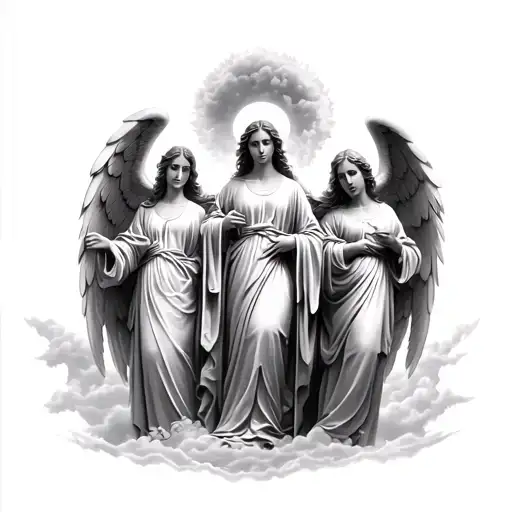 3 majestic angels w/ wings, robes, clouds, vertical comp, black & grey realism, divine look tattoo design idea