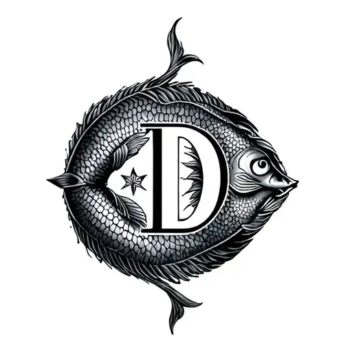 Make a compact small tattoo for back design which includes pisces and Taurus zodiac signs and D letter tattoo design idea