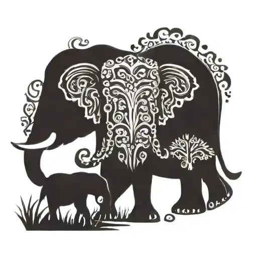 elephant and dad and daughter silhouette surrounded tattoo design idea