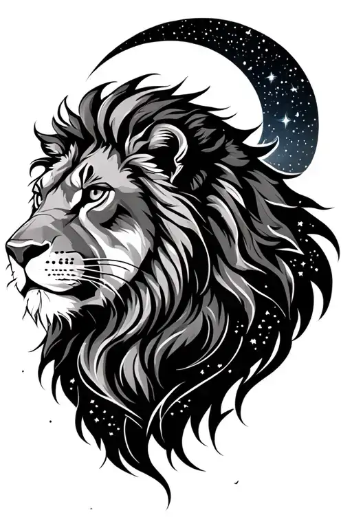 Lion head, leo constellation in the night sky filled with stars tattoo design idea