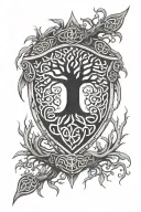 wooden shield adorned with celtic tree of life knot and overgrowth from the cracks and tendrils of branches growing outw tattoo design idea
