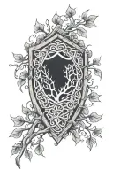 wooden shield adorned with celtic tree of life knot and overgrowth from the cracks and tendrils of branches growing outw tattoo design idea