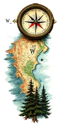 compass, map, mountain range, trees tattoo design idea