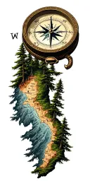 compass, map, mountain range, trees tattoo design idea