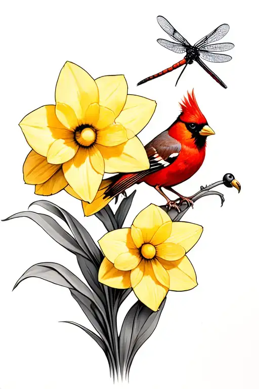 yellow daffodil with a dragonfly and red cardinal  tattoo design idea