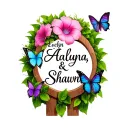 "Evelyn, Alayna, & Shawn" A wooden fence post, pink morning glory, words in ivy, butterflies - one light blue, one purple, and one blue/green tattoo design idea