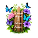 "Evelyn, Alayna, & Shawn" A wooden fence post, pink morning glory, words in ivy, butterflies - one light blue, one purple, and one blue/green tattoo design idea