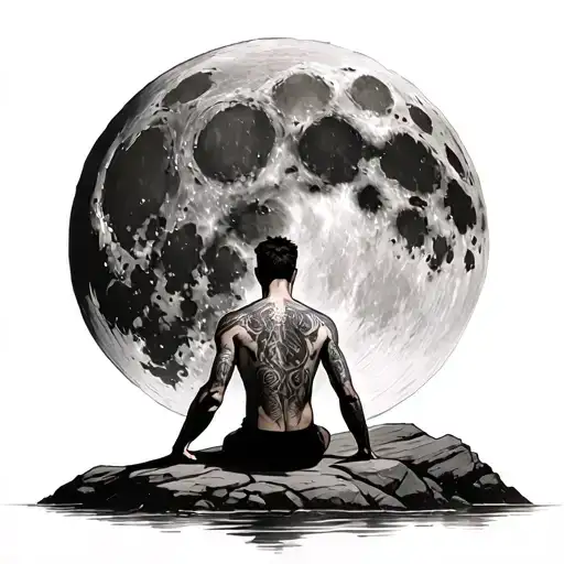 sad man sitting on a rock in front of a huge detailed realistic moon dark evil mysterious moon man exposing his back  tattoo design idea